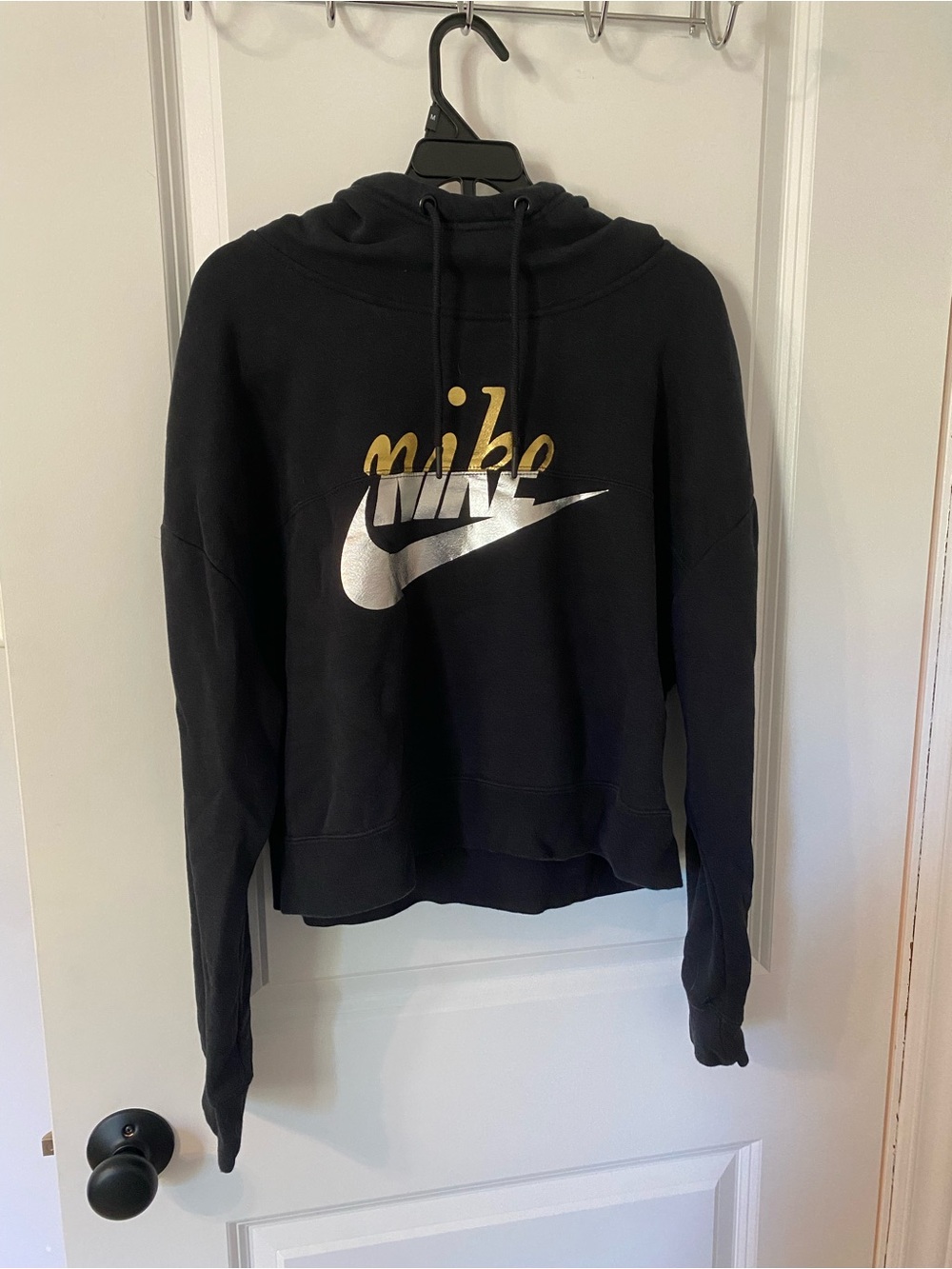 Nike Black cropped Hoodie with Gold Script and Silver Swoosh